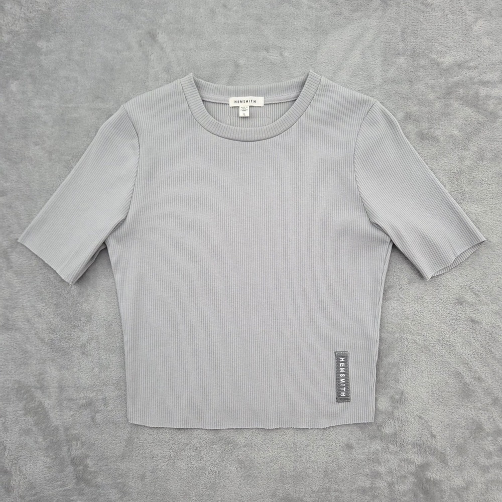Hemsmith Ribbed Crop Top T-Shirt Womens L Gray Short Sleeve Made In NYC